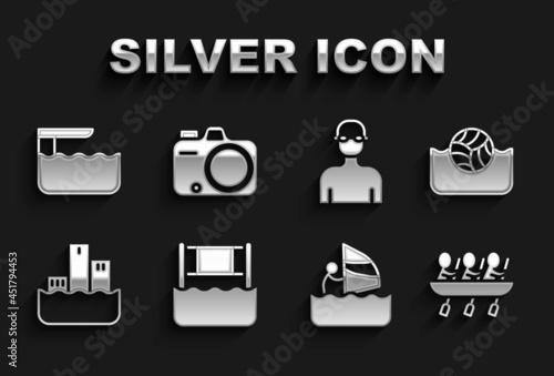 Set Water volleyball net, polo, Canoe rowing team sports, Windsurfing, Winner podium, Swimmer, Diving board springboard and Photo camera icon. Vector