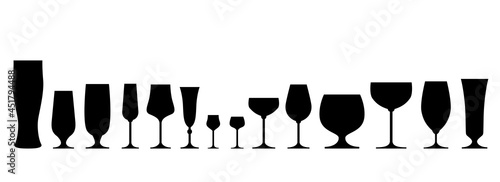 Glasses collection set. Vector isolated black elements for web, culinary infographic, brochure, restaurant presentation