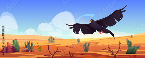 Black eagle over desert landscape, falcon or hawk