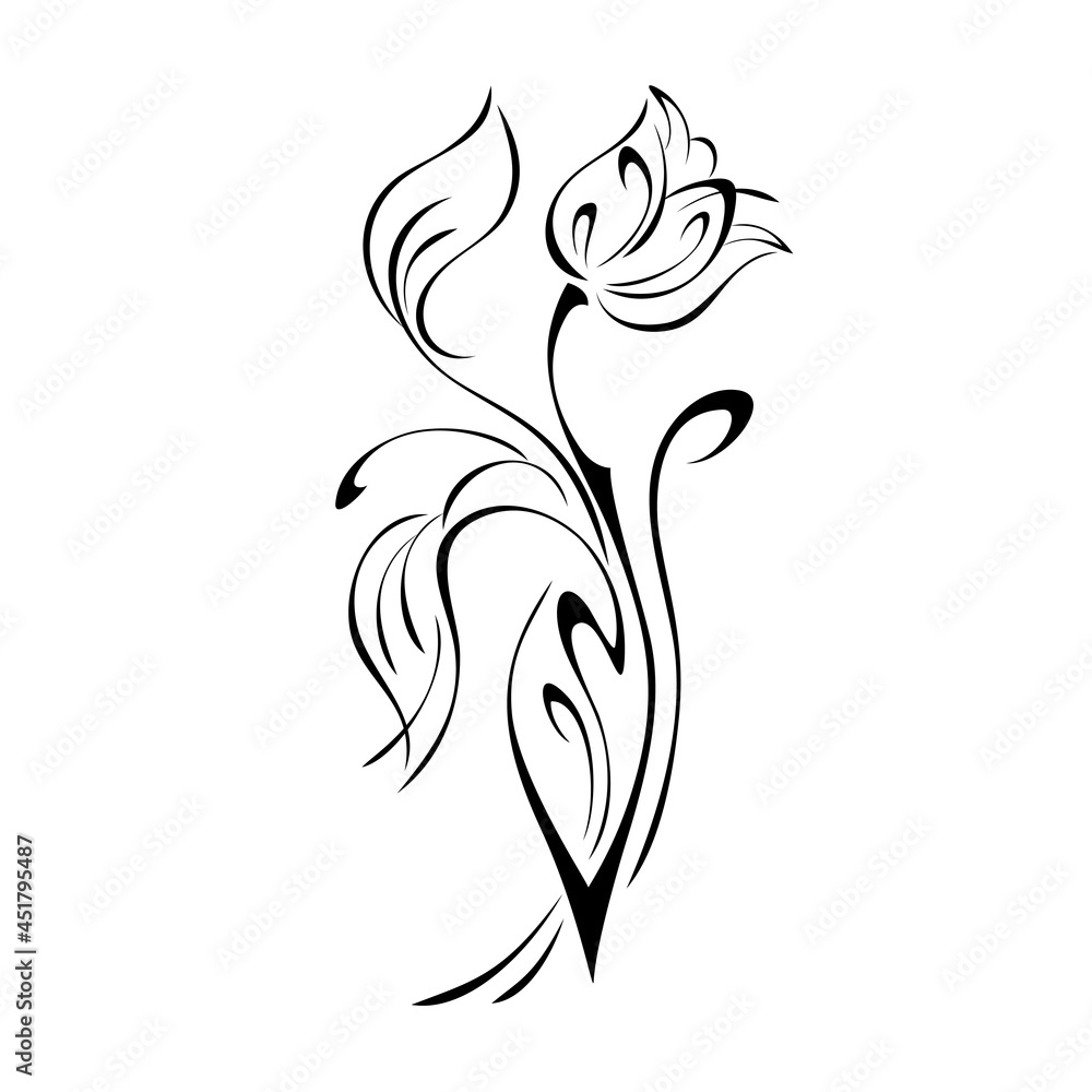 Obraz premium ornament 1937. one stylized flower Bud on a curved stem with leaves and curls in black lines on a white background