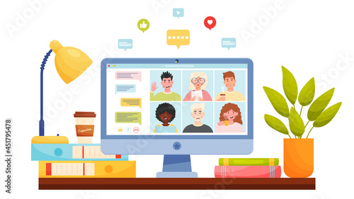 Online video chat conference meeting with diverse group of people. Home office workplace concept. Vector illustration.