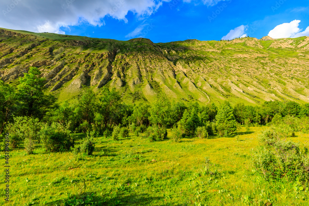 Magnificent mountain and green grassland in Xiata Scenic Area,Xinjiang,China. Magnificent mountain and green grassland in Xiata Scenic Area,Xinjiang,China.