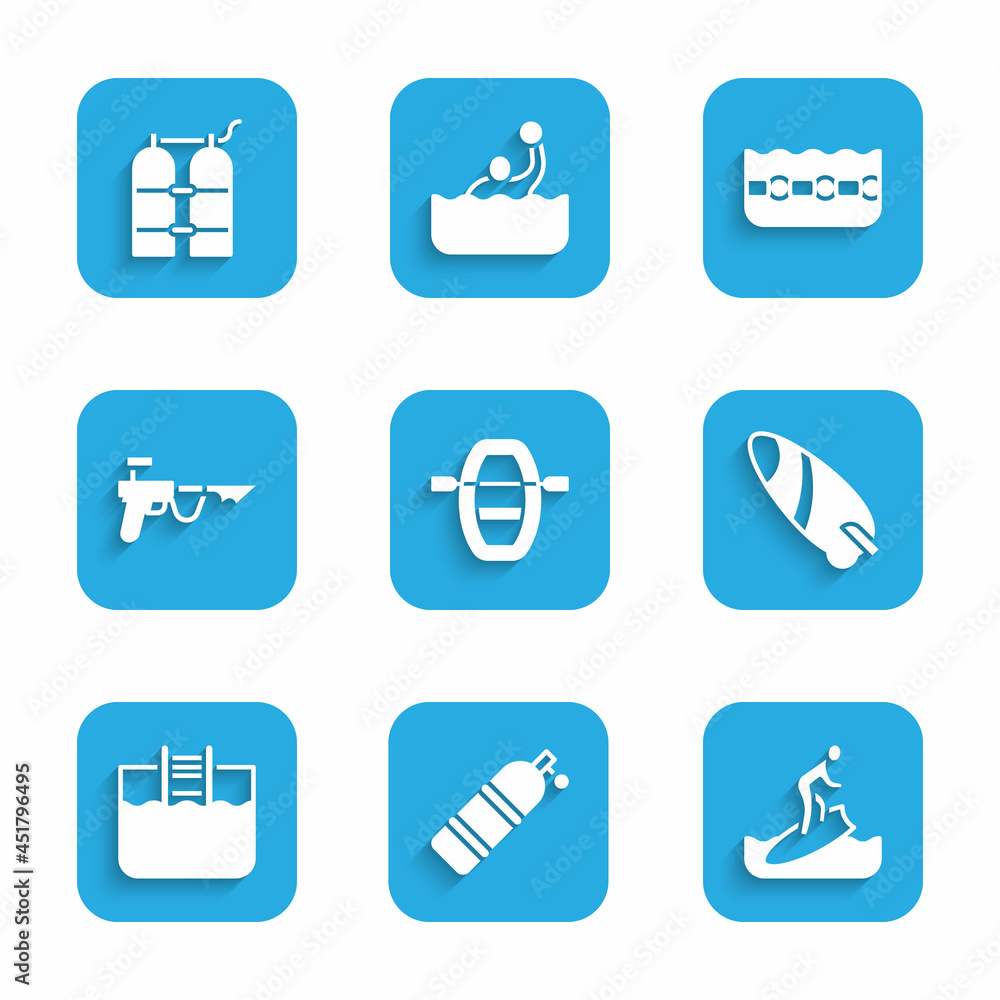 Set Boat with oars, Aqualung, Surfboard, Swimming pool ladder, Fishing harpoon, and icon. Vector Set Boat with oars, Aqualung, Surfboard, Swimming pool ladder, Fishing harpoon, and icon. Vector
