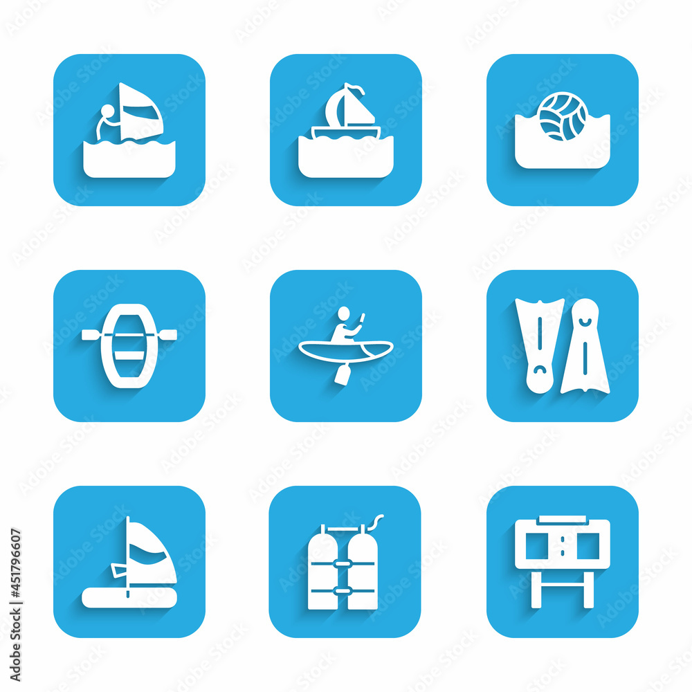Set Kayak and paddle, Aqualung, Sport mechanical scoreboard, Flippers for swimming, Windsurfing, Boat with oars, Water polo and icon. Vector Set Kayak and paddle, Aqualung, Sport mechanical scoreboard, Flippers for swimming, Windsurfing, Boat with oars, Water polo and icon. Vector