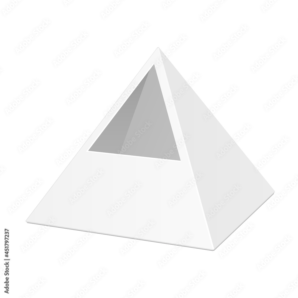 White Cardboard Pyramid Triangle Box Packaging With Window For Food, Gift Or Other Products. Illustration Isolated On White Background. Mock Up Template. Product Packing Vector EPS10 White Cardboard Pyramid Triangle Box Packaging With Window For Food, Gift Or Other Products. Illustration Isolated On White Background. Mock Up Template. Product Packing Vector EPS10