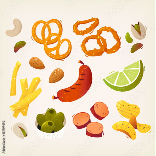 Set of most popular beer pub snacks pretzels nuts and sausages you meet in every bar. Isolated vector images.