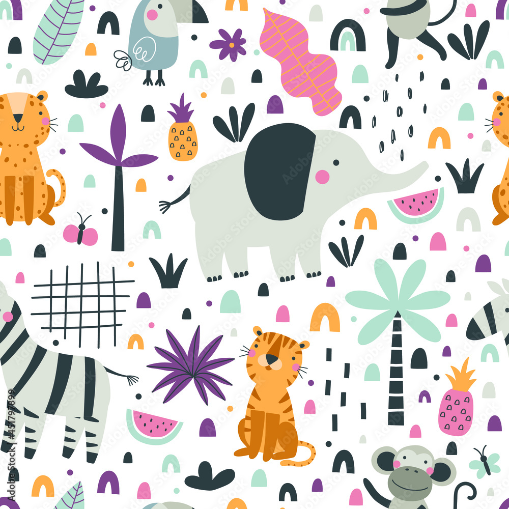 Naklejka premium Seamless pattern with cute tropical animals.