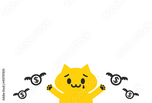 泣いている猫と飛んでいくドル：赤字・出費・支払い・税金・増税・コロナウイルスの影響のイメージ素材