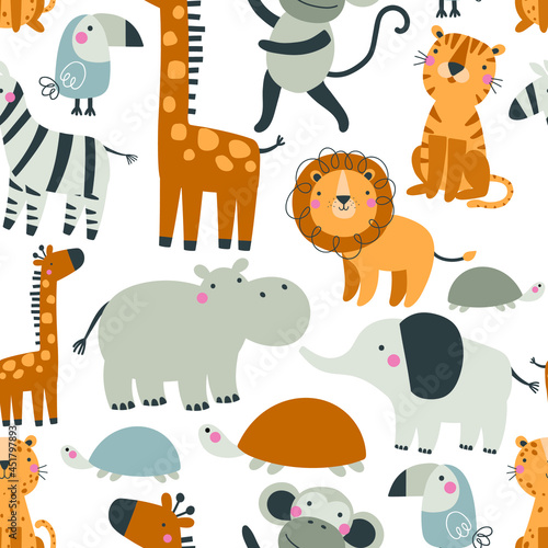 Cute seamless pattern with wild animals on white background.