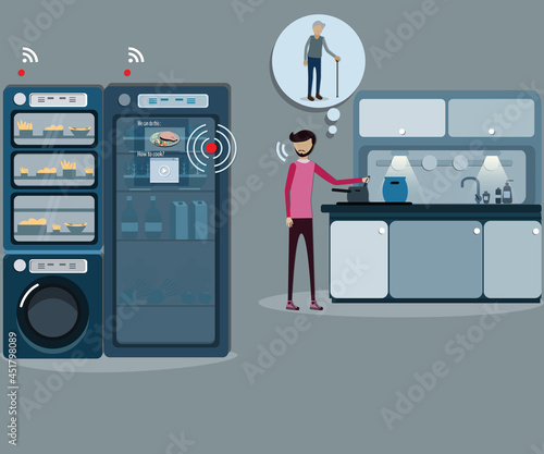 Flat design of intelligence technology,A man ask AI technology for  food recipe to making for senior person - vector