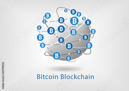 Bitcoin powered blockchain as concept for crypto currency. Vector illustration of connected globe with bitcoin symbols.