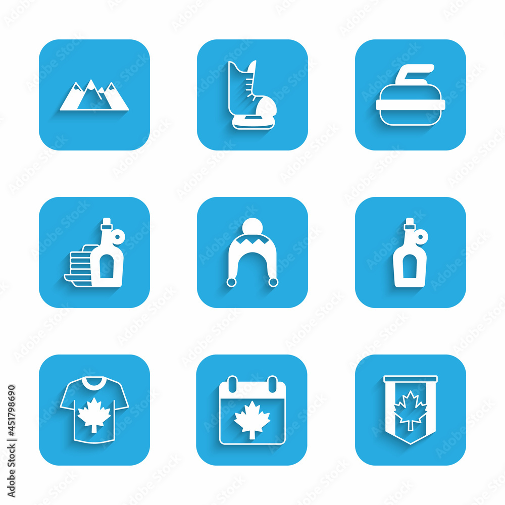 Set Winter hat, Canada day with maple leaf, Pennant flag of, Bottle syrup, Hockey jersey, Syrup pancakes, Stone for curling and Mountains icon. Vector Set Winter hat, Canada day with maple leaf, Pennant flag of, Bottle syrup, Hockey jersey, Syrup pancakes, Stone for curling and Mountains icon. Vector