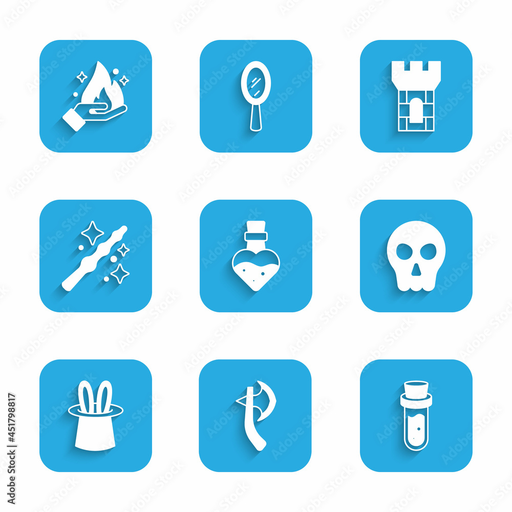 Set Bottle with potion, Wooden axe, Skull, Magician hat and rabbit ears, wand, Castle tower and Hand holding fire icon. Vector Set Bottle with potion, Wooden axe, Skull, Magician hat and rabbit ears, wand, Castle tower and Hand holding fire icon. Vector