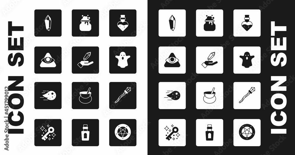 Set Bottle with potion, Magic stone, All-seeing eye of God, Ghost, Witch cauldron, staff and Fireball icon. Vector Set Bottle with potion, Magic stone, All-seeing eye of God, Ghost, Witch cauldron, staff and Fireball icon. Vector