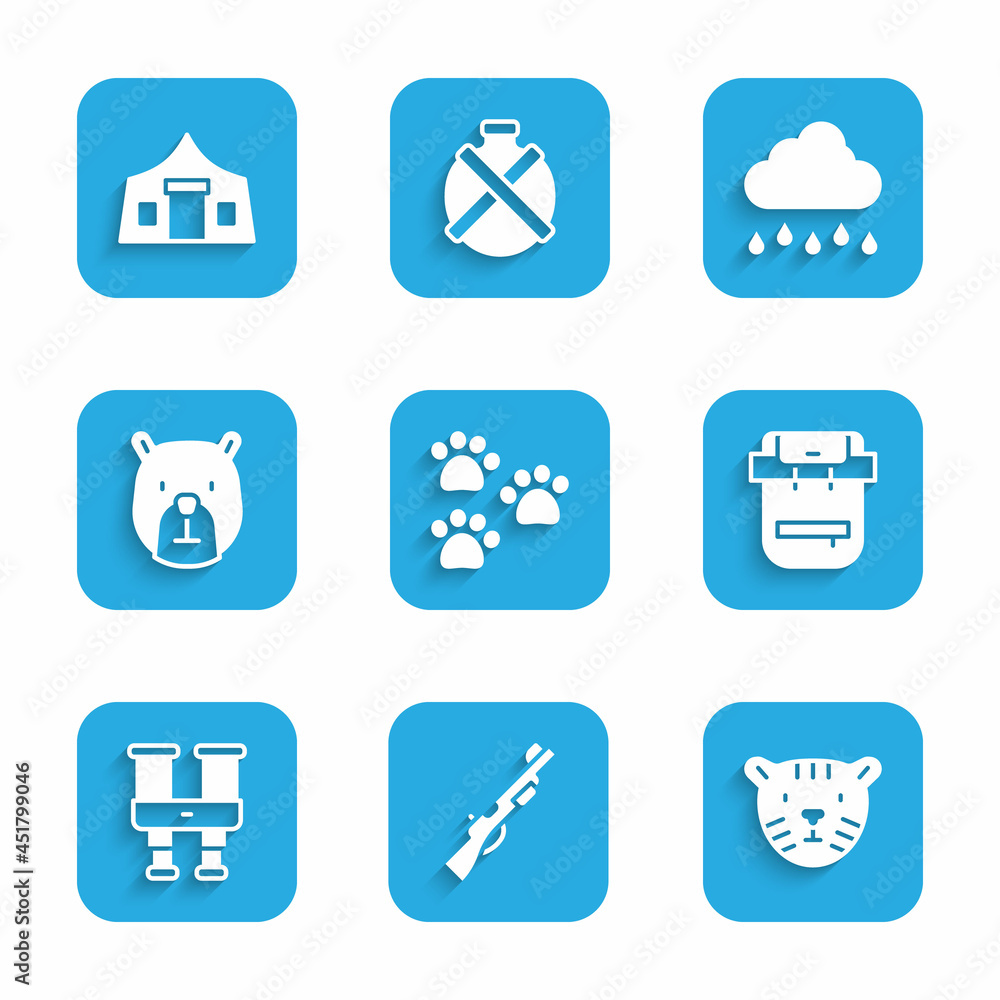 Set Paw print, Hunting gun, Tiger head, Hiking backpack, Binoculars, Bear, Cloud with rain and Tourist tent icon. Vector Set Paw print, Hunting gun, Tiger head, Hiking backpack, Binoculars, Bear, Cloud with rain and Tourist tent icon. Vector