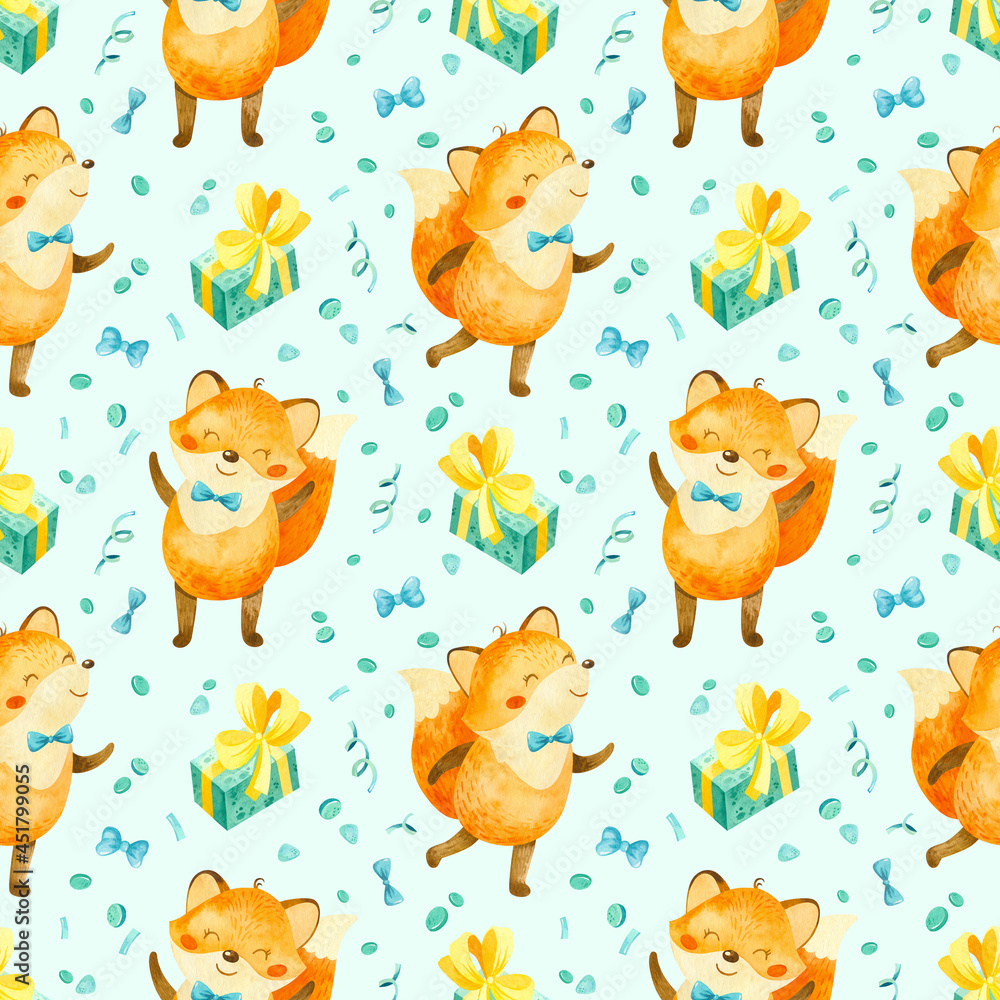 Obraz premium Seamless pattern with happy fox cub with cupcakes, gifts and other birthday elements. Cute watercolor clipart for children's party decoration, baby showers. Seamless backdrop on light blue background