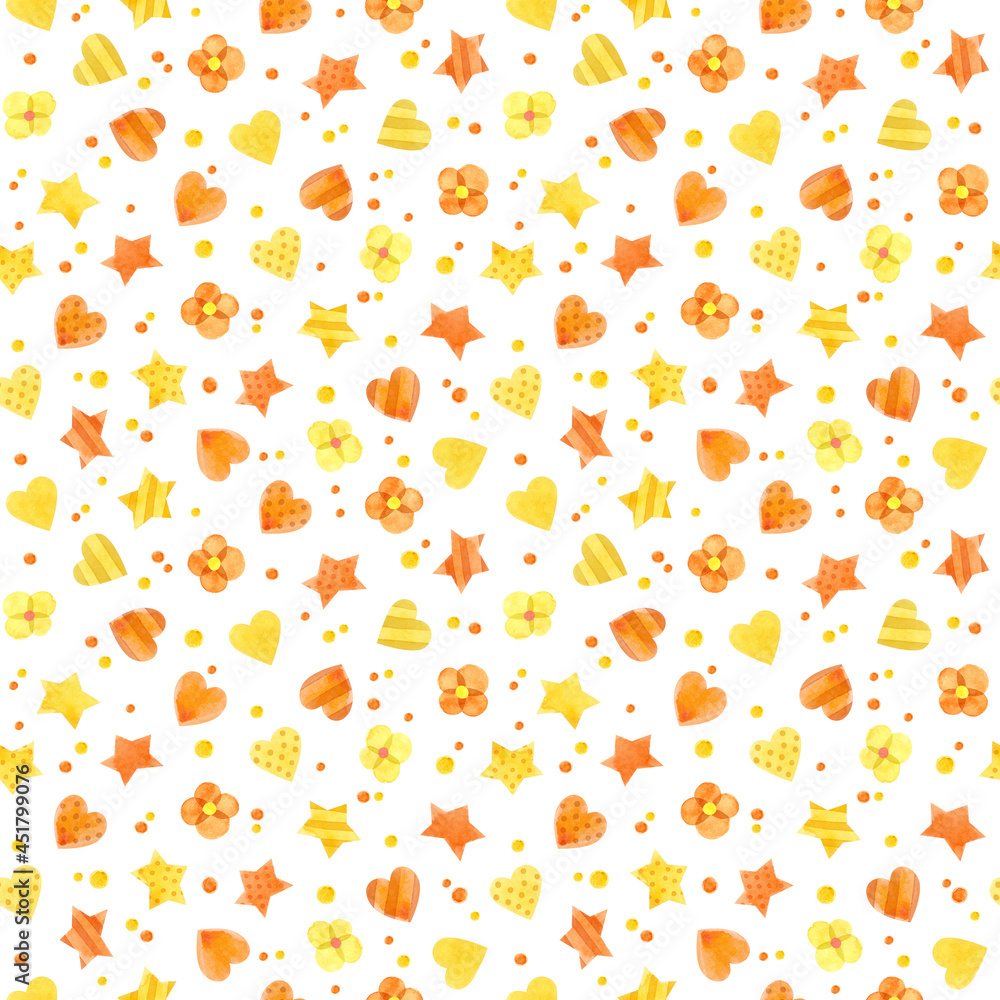 Seamless pattern with yellow and orange hearts and stars. Cute watercolor clipart for children's party decoration, baby showers. Seamless backdrop on white background