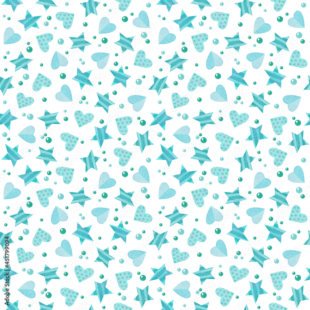 Seamless pattern with blue hearts and stars. Cute watercolor clipart for children's party decoration, baby showers. Seamless backdrop on white background Seamless pattern with blue hearts and stars. Cute watercolor clipart for children's party decoration, baby showers. Seamless backdrop on white background