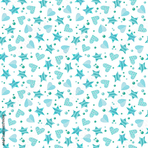 Seamless pattern with blue hearts and stars. Cute watercolor clipart for children's party decoration, baby showers. Seamless backdrop on white background