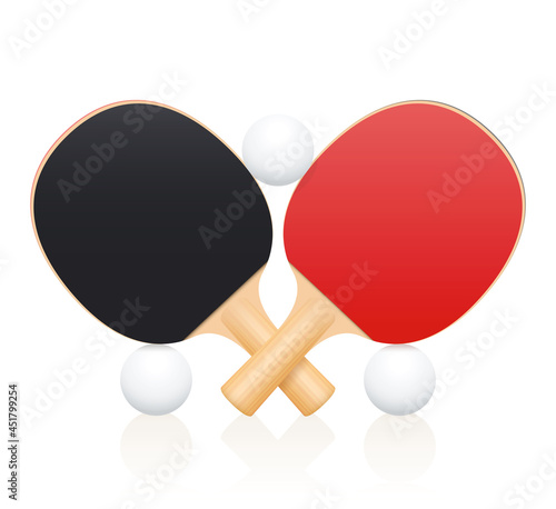 Table tennis bats, crossed ping pong paddles balancing with balls. Symbol for sporting competition, match, contest, battle, fight. Isolated vector illustration on white background.
