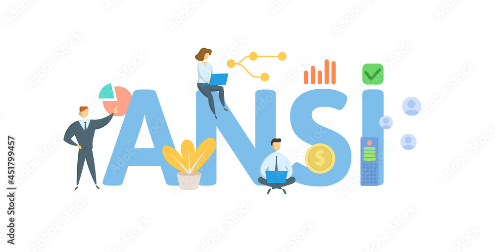 ANSI, American National Standards Institute. Concept with keyword, people and icons. Flat vector illustration. Isolated on white. ANSI, American National Standards Institute. Concept with keyword, people and icons. Flat vector illustration. Isolated on white.