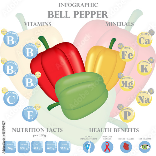 Health benefits and nutrition facts of bell pepper infographic vector illustration.