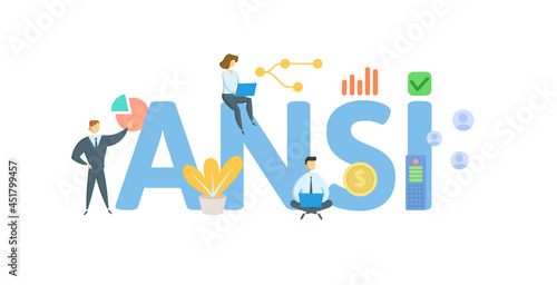 ANSI, American National Standards Institute. Concept with keyword, people and icons. Flat vector illustration. Isolated on white.