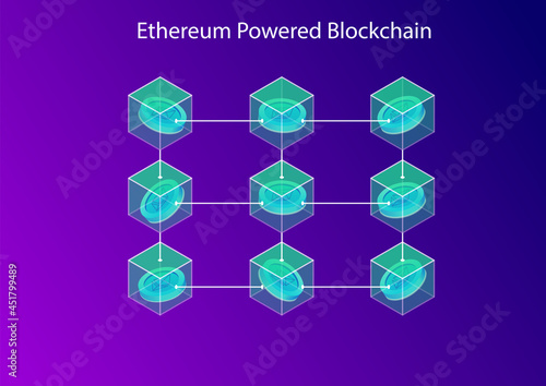 Ethereum powered blockchain concept. 3d isometric vector illustration of connected blocks and crypto currency.