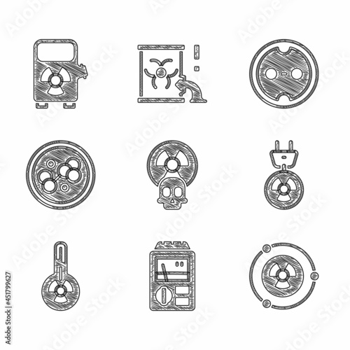 Set Radioactive, Dosimeter, Radiation electrical plug, Meteorology thermometer, Molecule, Electrical outlet and car charging station icon. Vector