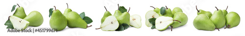 Set with tasty ripe pears on white background. Banner design photo