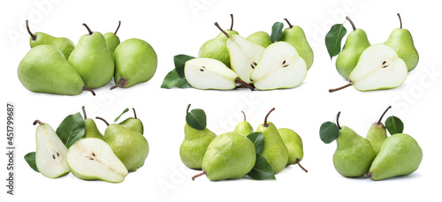 Set with tasty ripe pears on white background. Banner design