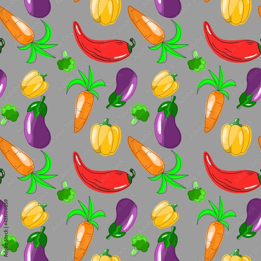 Seamless pattern on the theme of food. Carrots, peppers, eggplant and broccoli are hand-drawn in the kartun style. Design for fabric, clothing and other items. Seamless pattern on the theme of food. Carrots, peppers, eggplant and broccoli are hand-drawn in the kartun style. Design for fabric, clothing and other items.