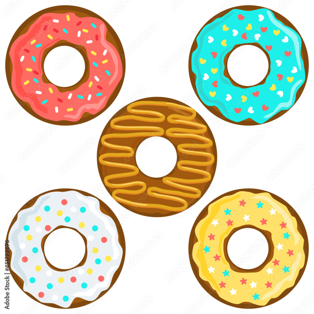Vector illustration, five donuts. Design element, clipart Stock Vector
