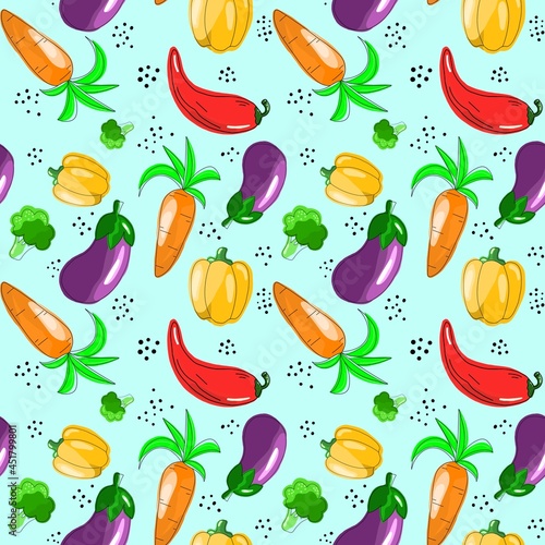 Seamless pattern on the theme of food. Carrots, peppers, eggplant and broccoli are hand-drawn in the kartun style. Design for fabric, clothing and other items.