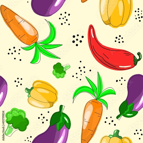 Seamless pattern on the theme of food. Carrots, peppers, eggplant and broccoli are hand-drawn in the kartun style. Design for fabric, clothing and other items. photo