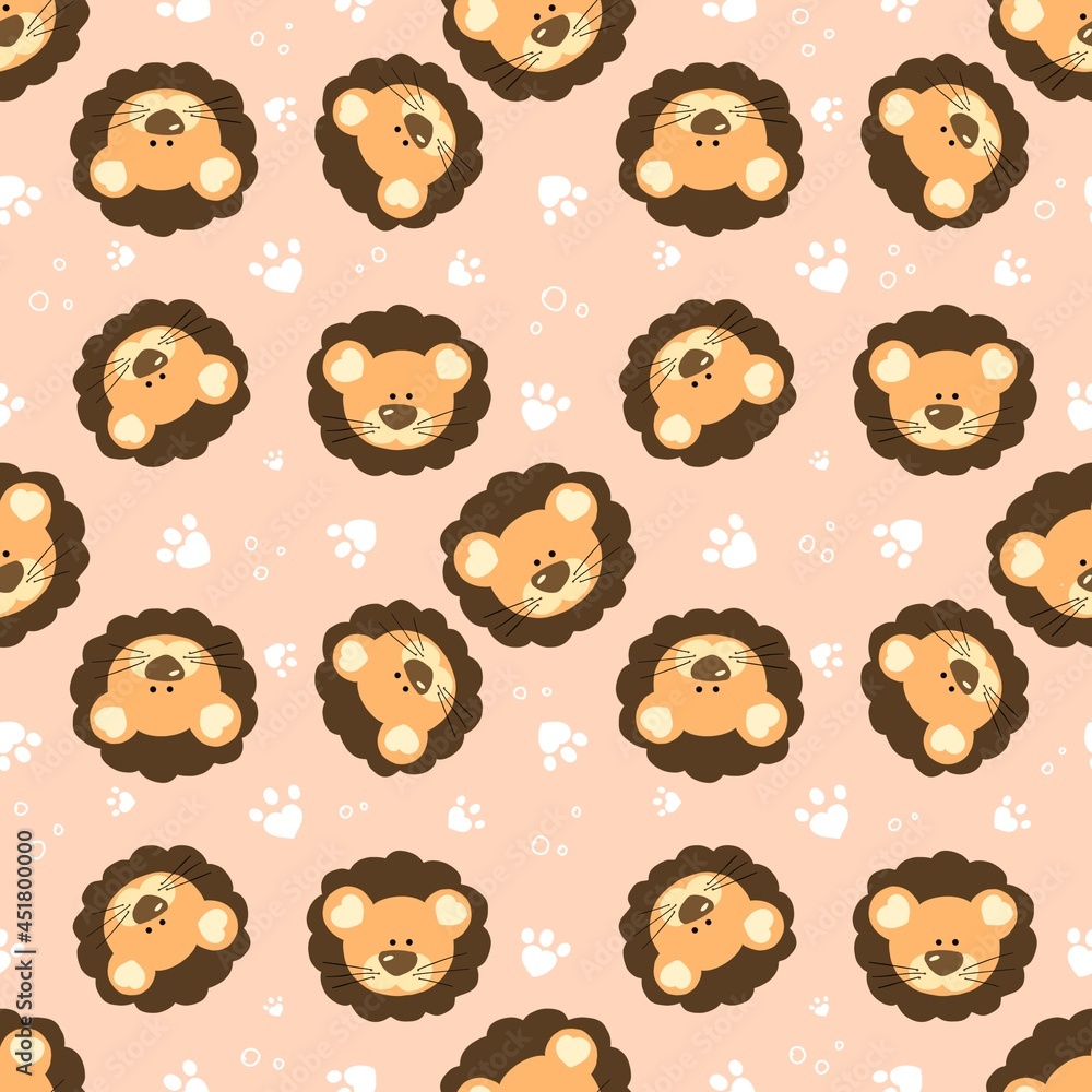 Seamless pattern with a cute lion cub. Design for clothing, fabric and other items. The illustration is hand-drawn with live lines in the cartoon style. Seamless pattern with a cute lion cub. Design for clothing, fabric and other items. The illustration is hand-drawn with live lines in the cartoon style.