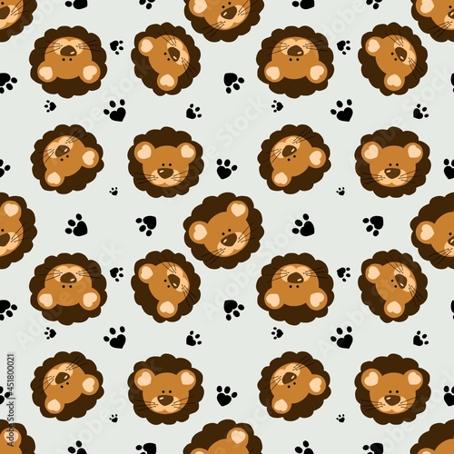 Seamless pattern with a cute lion cub. Design for clothing, fabric and other items. The illustration is hand-drawn with live lines in the cartoon style.