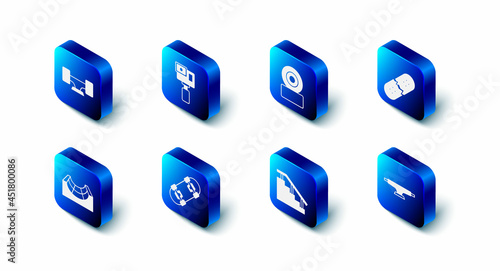 Set Action camera, Skateboard wheel, Broken skateboard deck, stairs with rail, park and icon. Vector
