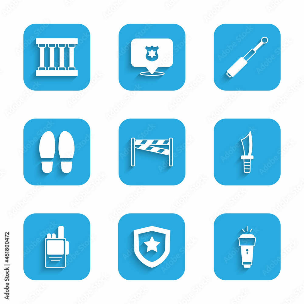 Set Crime scene, Police badge, Flashlight, Military knife, Walkie talkie, Footsteps, Telescopic baton and Prison window icon. Vector Set Crime scene, Police badge, Flashlight, Military knife, Walkie talkie, Footsteps, Telescopic baton and Prison window icon. Vector