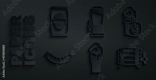 Set Glass of beer, Sausage, Wooden barrel, Beer tap and can icon. Vector