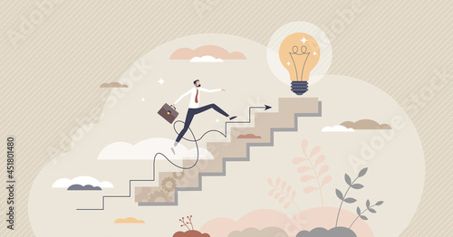 Step process, effective business progress or development tiny person concept. Businessman growth as climb for ambitions, achievements and goals vector illustration. Stairs obstacle and challenge scene