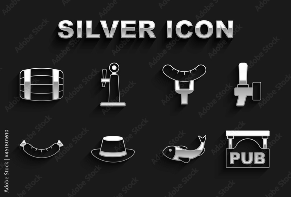 Set Oktoberfest hat, Beer tap, Street signboard with Pub, Dried fish, Sausage, on the fork, Wooden barrel and icon. Vector Set Oktoberfest hat, Beer tap, Street signboard with Pub, Dried fish, Sausage, on the fork, Wooden barrel and icon. Vector