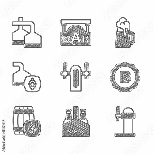 Set Beer tap, Pack of beer bottles, Dispenser, Bottle cap with, Wooden barrel, brewing process, mug and icon. Vector