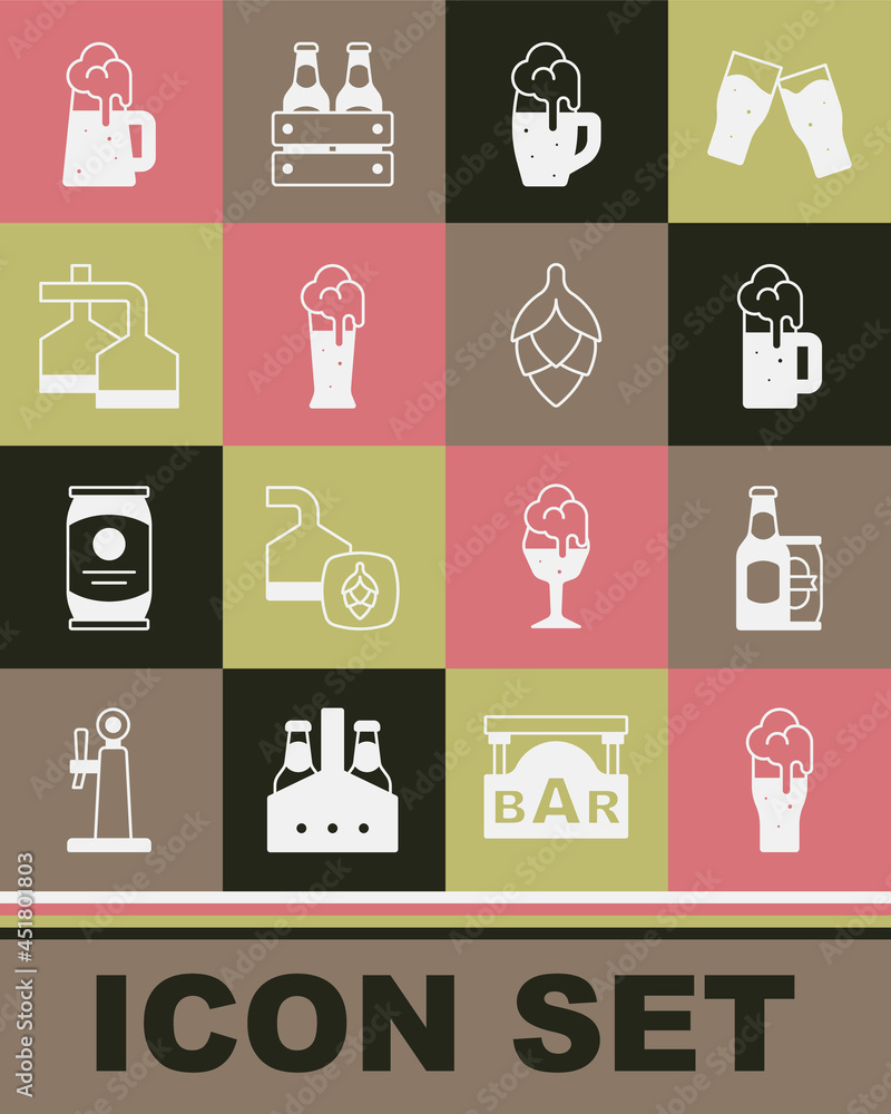 Set Glass of beer, Beer bottle and can, Wooden mug, brewing process, and Hop icon. Vector Set Glass of beer, Beer bottle and can, Wooden mug, brewing process, and Hop icon. Vector