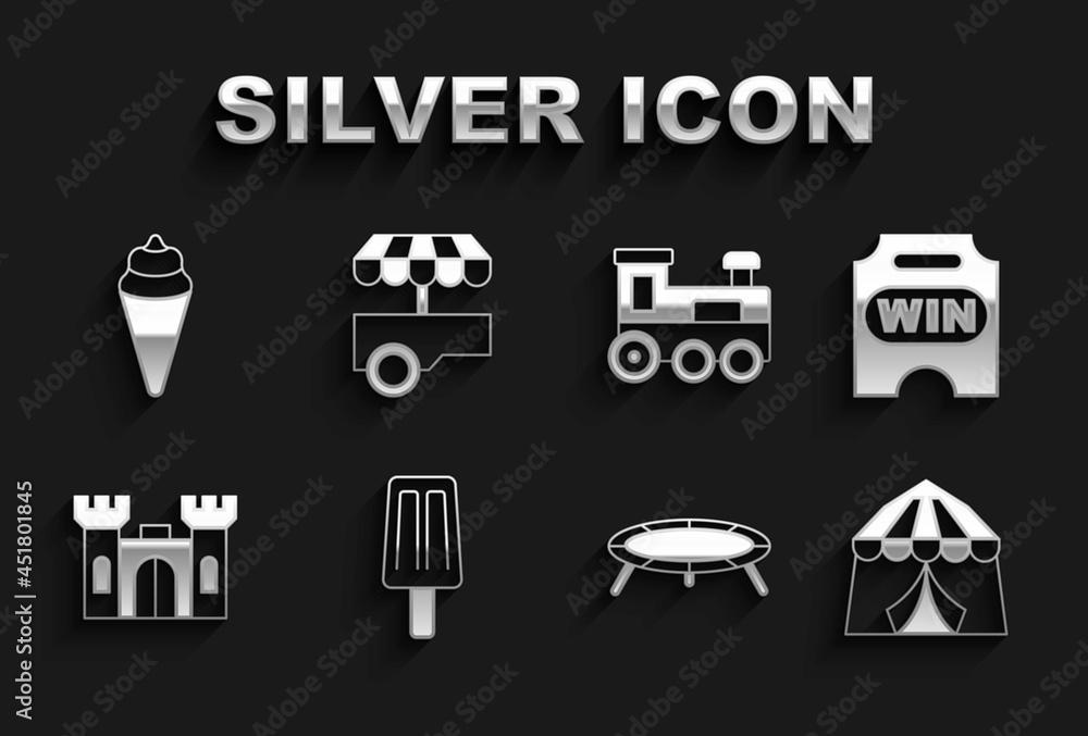 Set Ice cream, Circus ticket, tent, Jumping trampoline, Castle, Toy train, waffle cone and Fast street food cart icon. Vector Set Ice cream, Circus ticket, tent, Jumping trampoline, Castle, Toy train, waffle cone and Fast street food cart icon. Vector
