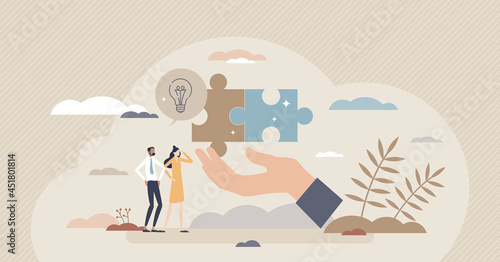 Giving solution and advice as business management support tiny person concept. Thinking answers and solving problems vector illustration. Successful and intelligent decisions as mentor or tutor help.