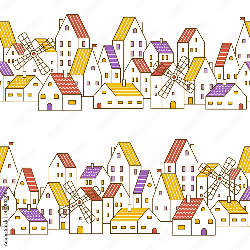 Seamless pattern with cute houses and windmills - cartoon town wallpaper for Your design