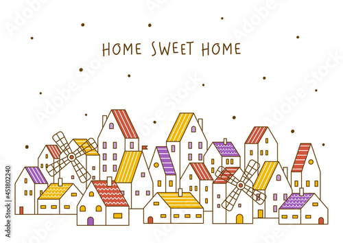 Group of cute houses and windmills - cartoon town border for Your design