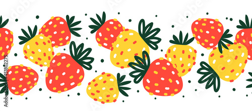 Cute strawberries horizontal seamless border isolated on white - cartoon objects for happy summer design