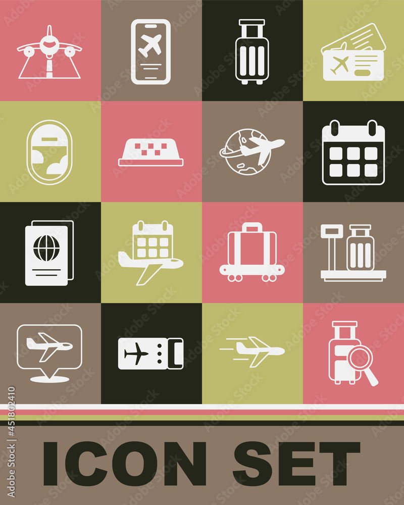 Set Lost baggage, Scale with suitcase, Calendar and airplane, Suitcase, Taxi car roof, Airplane window, Plane and Globe flying icon. Vector Set Lost baggage, Scale with suitcase, Calendar and airplane, Suitcase, Taxi car roof, Airplane window, Plane and Globe flying icon. Vector